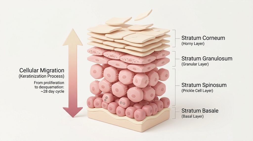 Clean graphic illustration of epidermal layers showing cell turnover process.