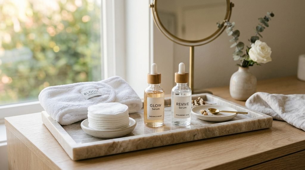 Neat cosmetic tray with glass bottles and cotton pads under morning light.