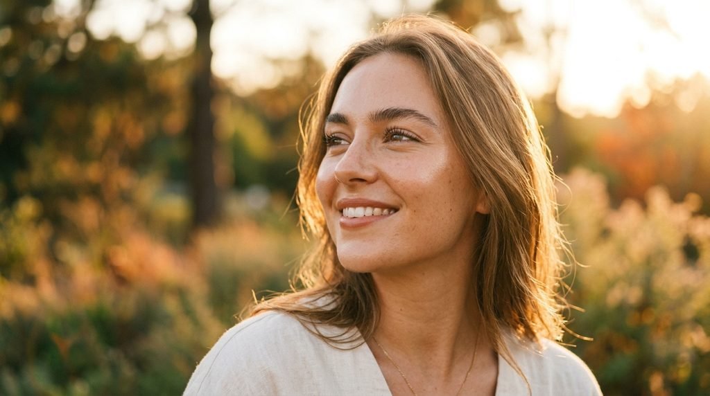 Radiant face illuminated by warm golden sunlight showing healthy skin texture.