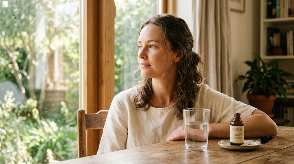 Radiant person holding a glass serum bottle in warm natural light.