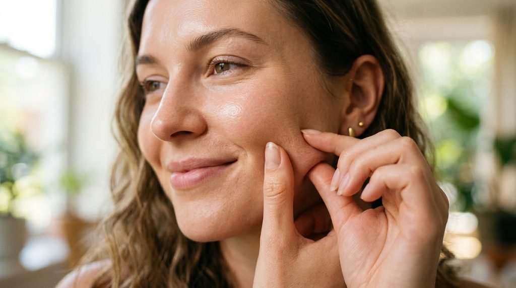 Close-up photo showing a person performing a diagnostic pinch test on their cheek