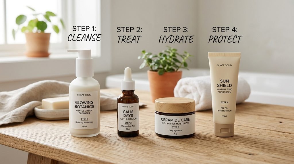 Four essential skincare products arranged in order on a wooden table.