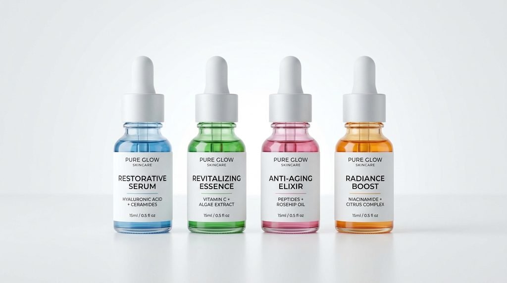 Lineup of four minimal glass serum bottles on a white clinical background.