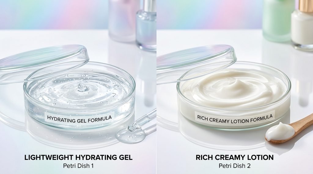 Two glass dishes displaying lightweight gel serum and rich cream side-by-side.