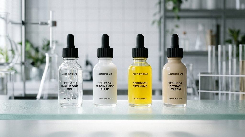 Row of four distinct glass skincare serum bottles showing different liquid textures.