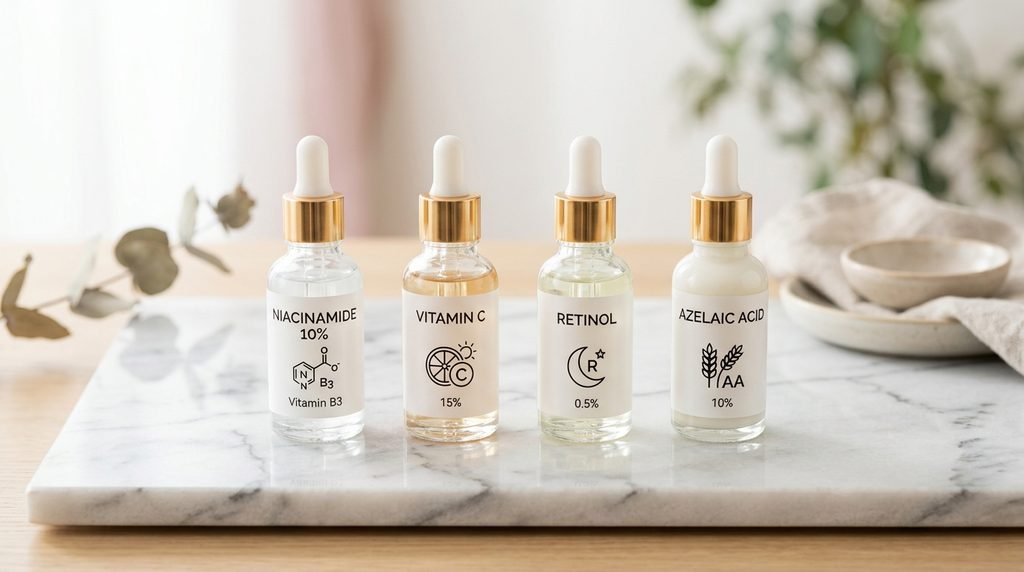 Four glass serum dropper bottles arranged in a row on a white marble slab