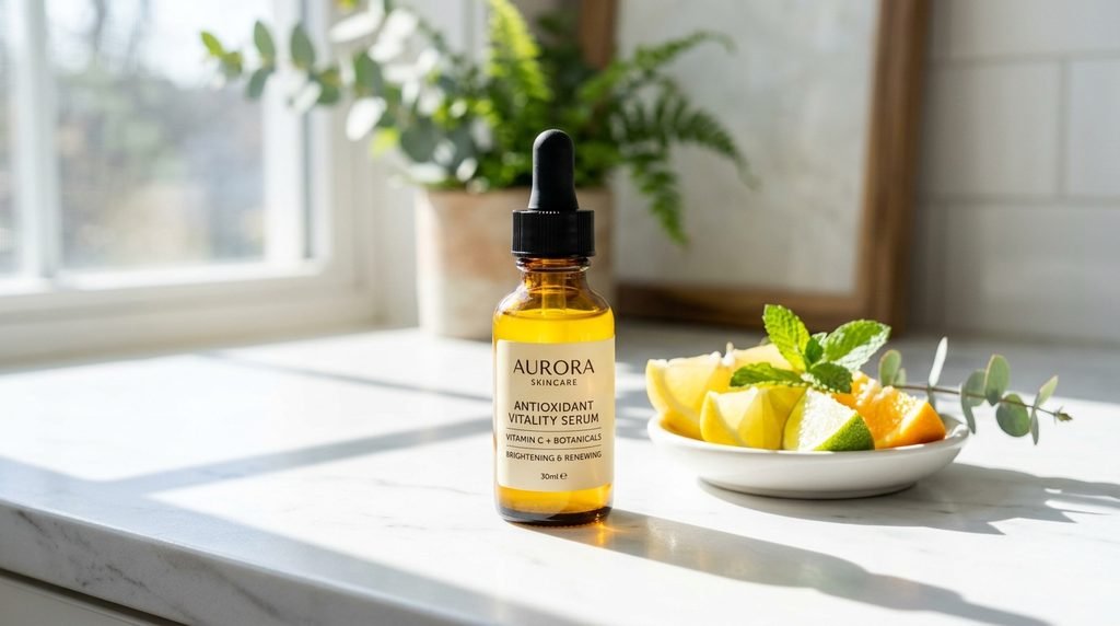Amber glass bottle with yellow serum on a white sunlit countertop.