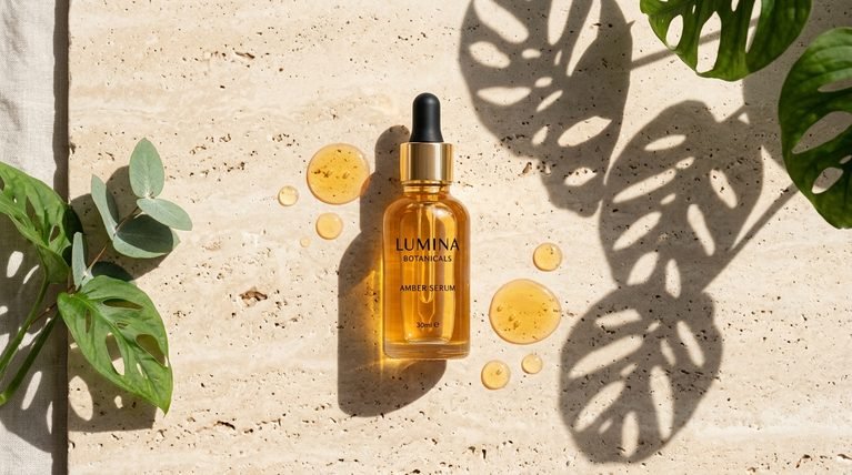 Minimalist bottle of face serum with dropper on a beige stone background