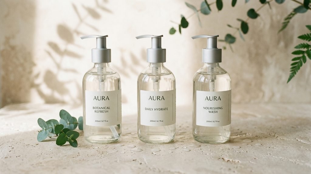 Three minimalist cosmetic dropper bottles arranged side by side on a clean ceramic surface.