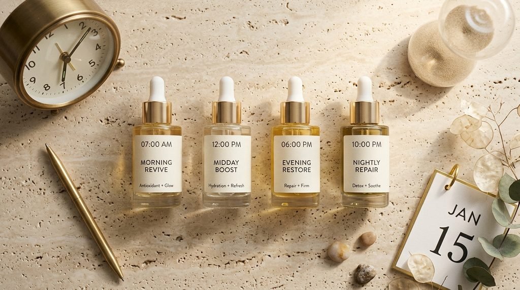 Glass serum bottles arranged neatly on a stone background in soft light.