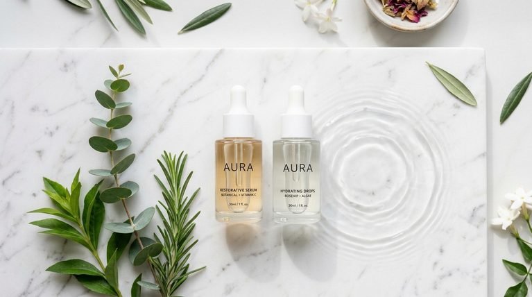 Two glass serum dropper bottles resting on a clean white marble counter in natural light.
