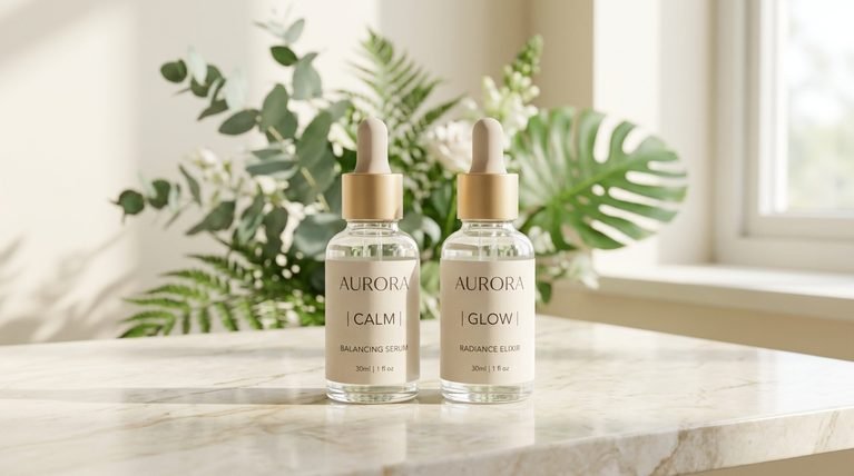 Two clear glass serum dropper bottles on a bright cream marble counter with soft morning light.
