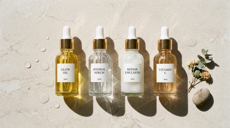Minimalist luxury skincare serum glass dropper bottles on pale pastel stone surface in soft light.