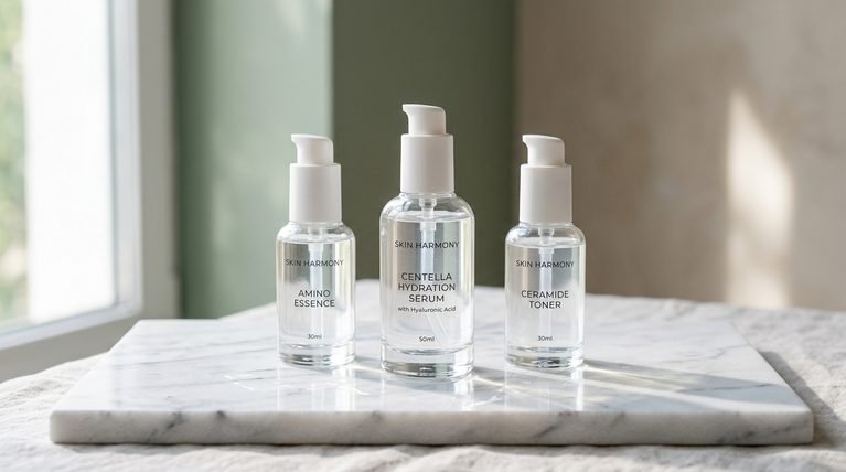 Three glass skincare bottles filled with clear hydrating liquids sitting on white marble in sunlight.