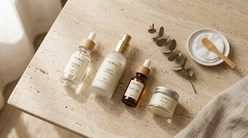 Minimalist glass skincare bottles arranged on a light stone table