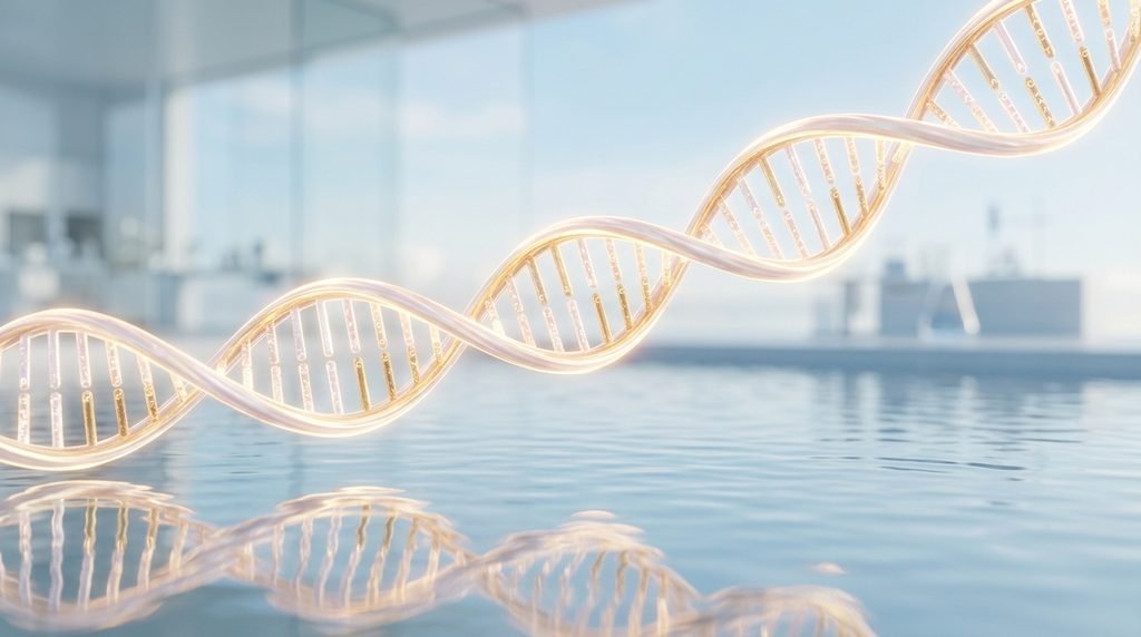 Abstract glowing DNA helix graphic floating over soft water ripples representing PDRN.