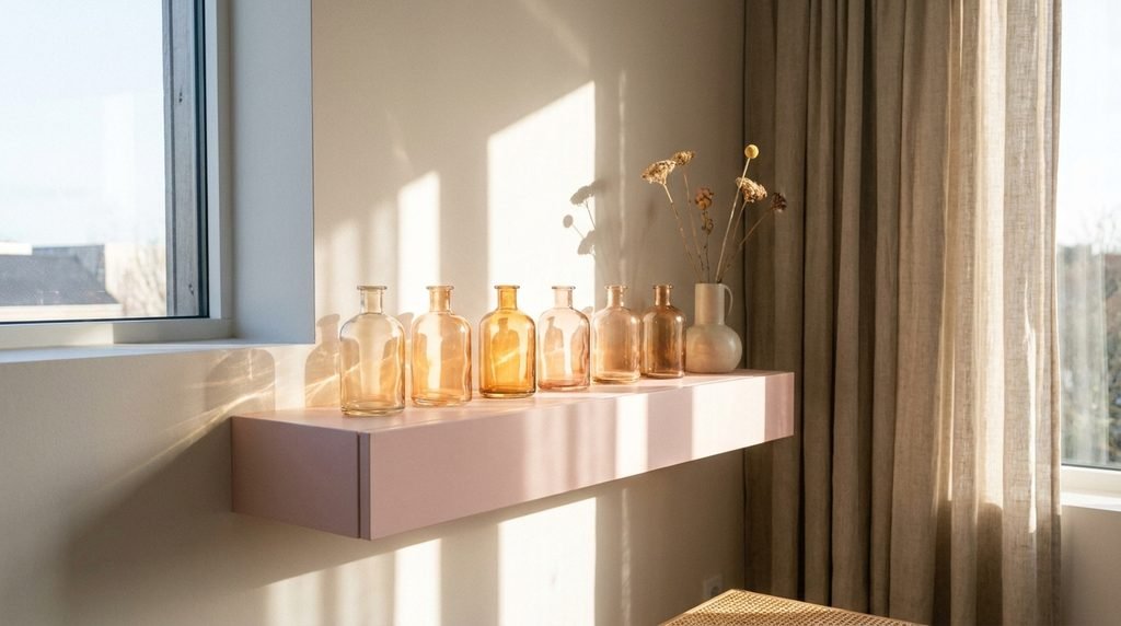 Widescreen shot of minimalist skincare serums arranged on a soft pink shelf in warm sunlight.