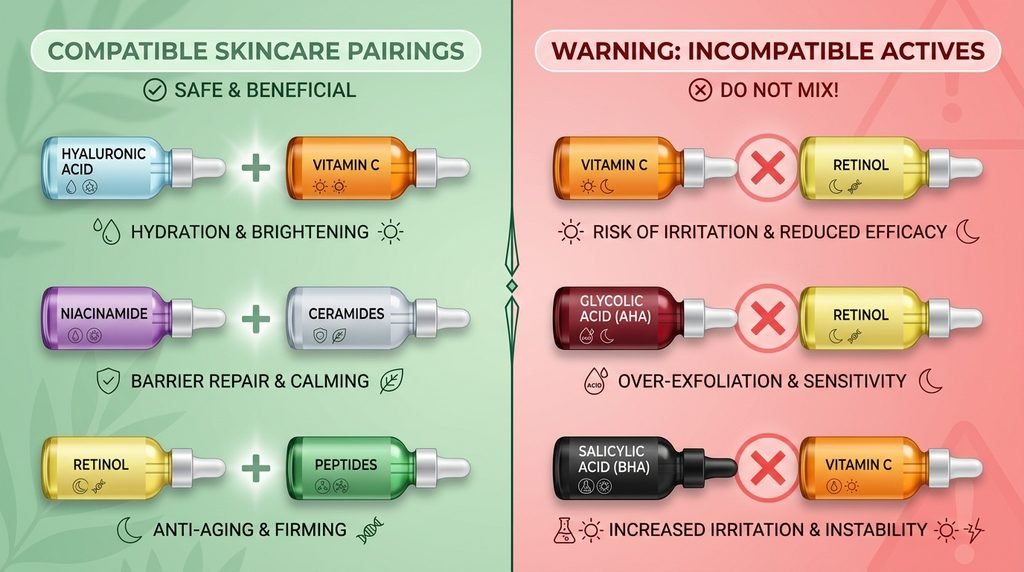 Aesthetic visual graphic showing skincare ingredients paired safely versus ones to separate.