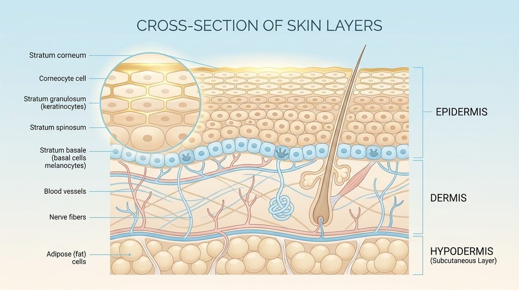 Diagram showing skin cells held together by a golden lipid layer representing ceramides.
