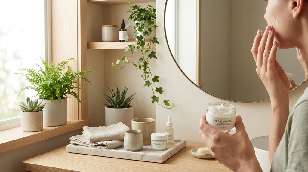 Application of a light gel moisturizer onto clean skin in morning light with a 16:9 widescreen frame.