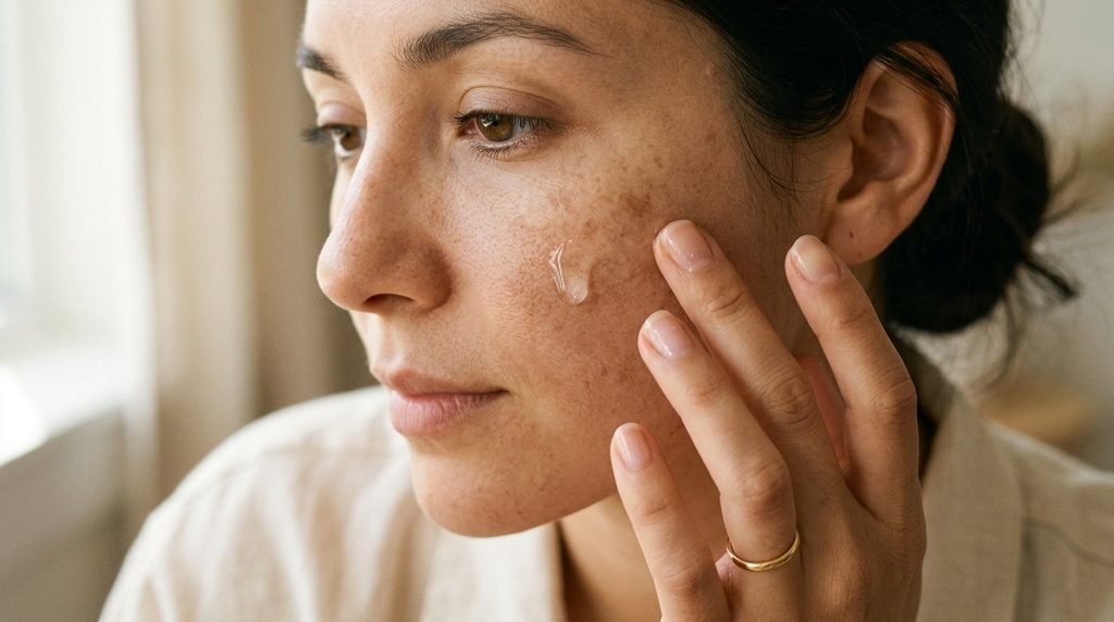 Macro view of a clear serum droplet being applied to a cheek with mild discoloration.