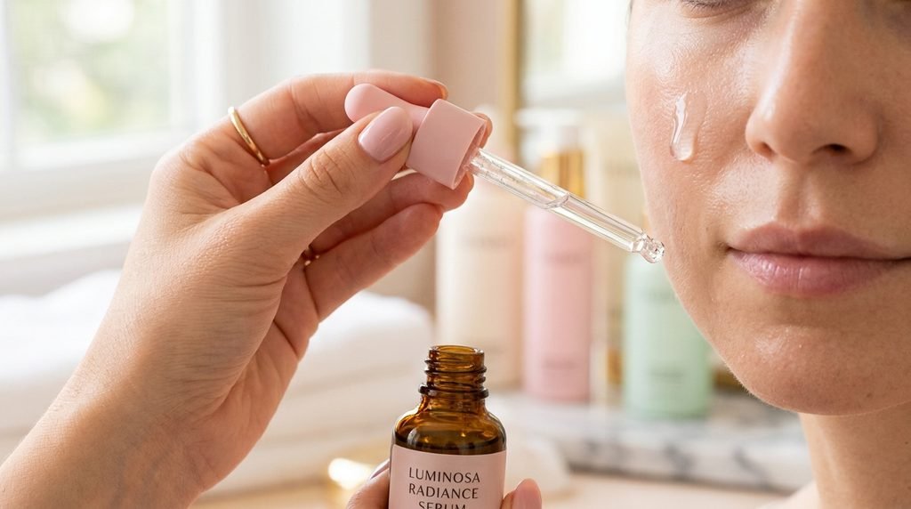 A glass serum dropper dispensing a clear liquid drop onto clean skin.