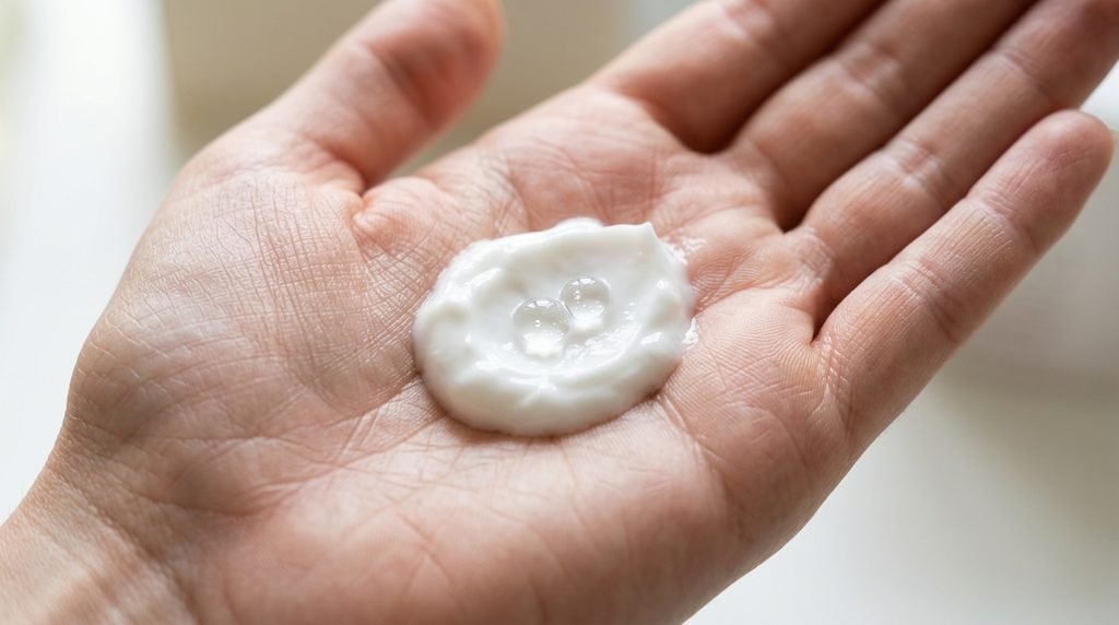 A dollop of white cream moisturizer in a palm mixed with drops of clear serum.