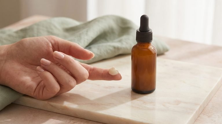 Pea-sized amount of retinol serum on a fingertip beside an amber dropper bottle on a cream surface