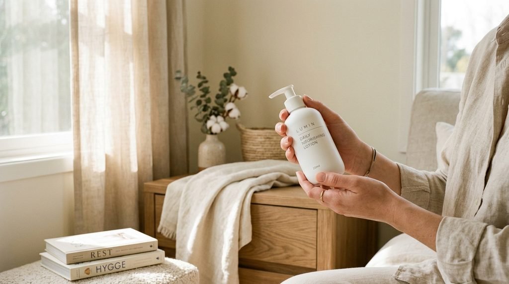 Pair of hands holding a minimalist white cream pump bottle in a sunlit room.