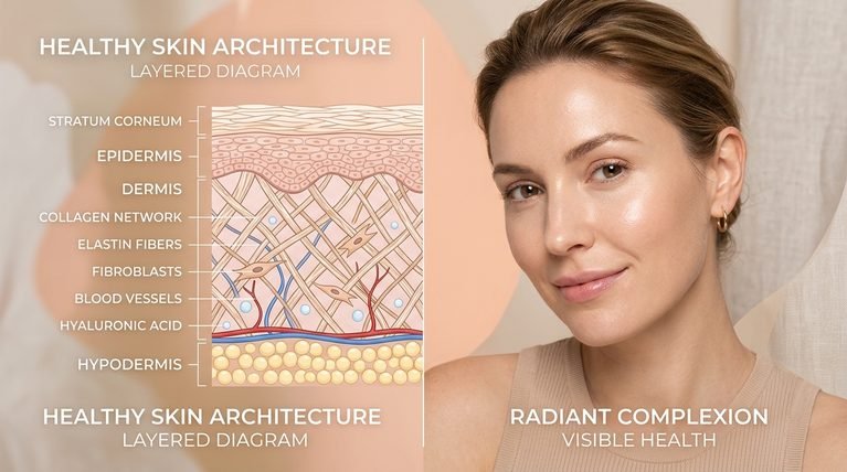 Aesthetic high-key studio photo illustrating healthy skin structure and natural dermal balance.