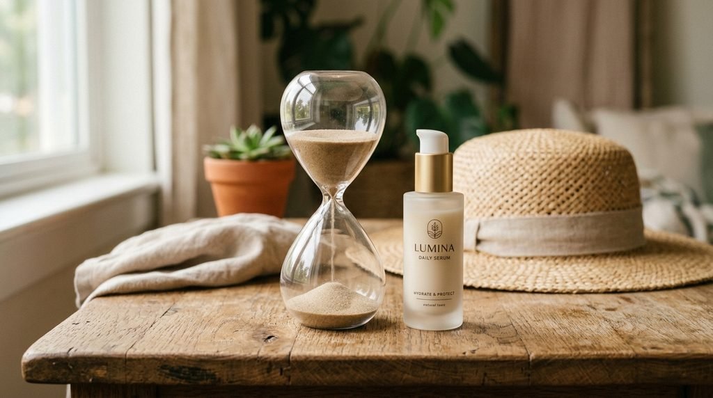 Glass hourglass beside skincare serum bottle representing long-term skin management.