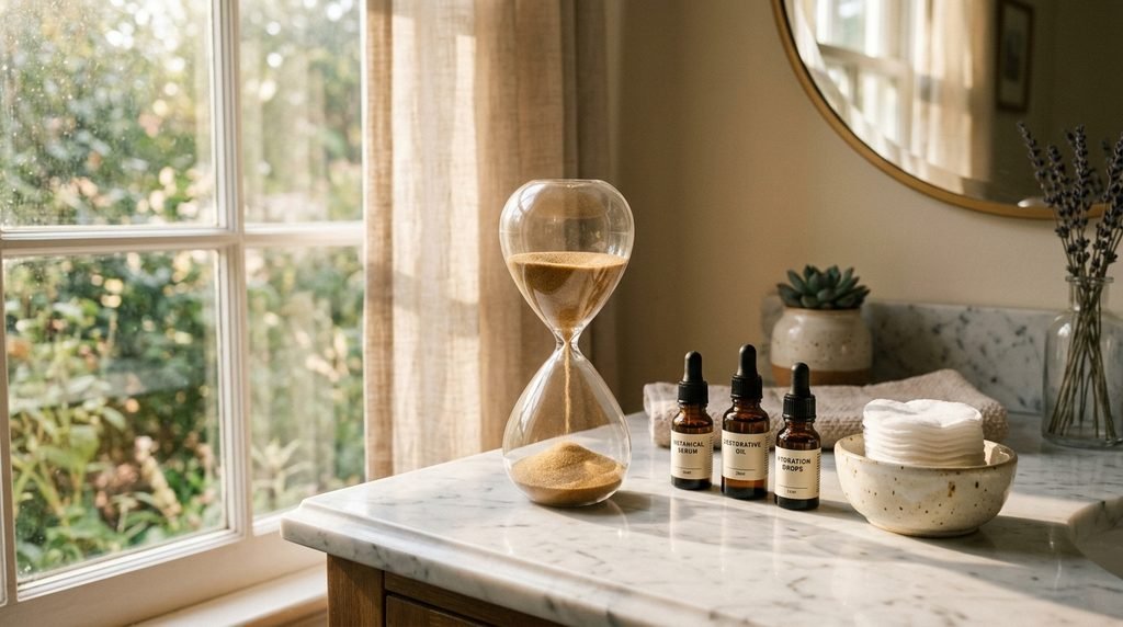 Hourglass next to glass skincare serum bottles on a marble vanity