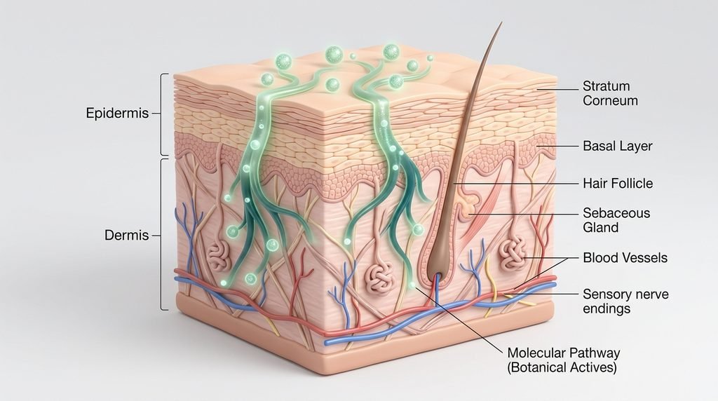 Diagram-style 3D illustration of skin layers receiving botanical active ingredients.