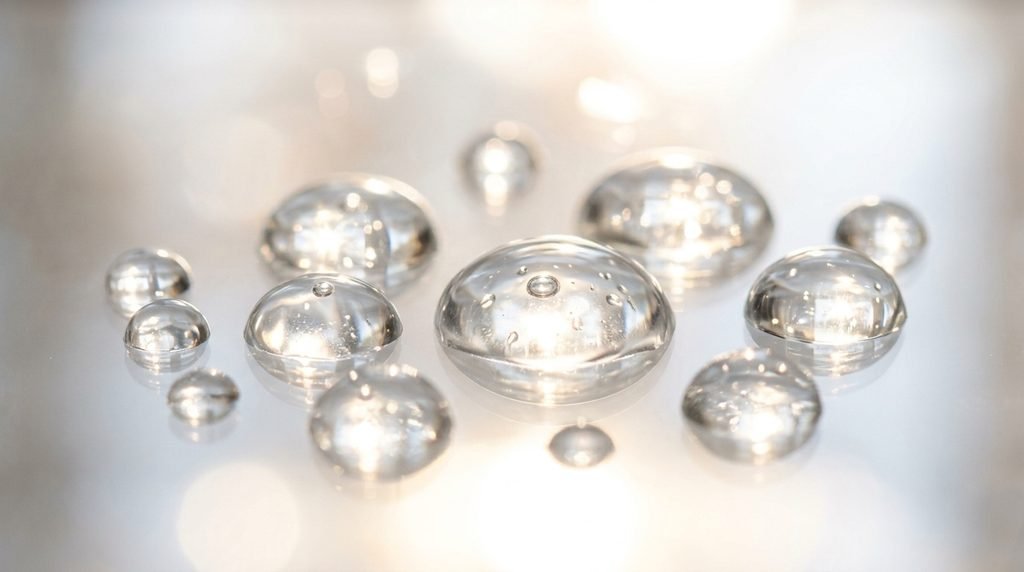 Macro photography of clear hydration serum droplets glowing under backlight