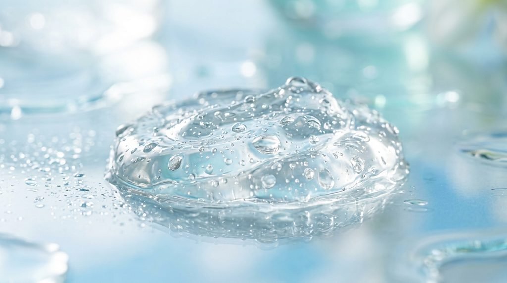 Close-up texture of clear hydrating skincare gel with water droplets