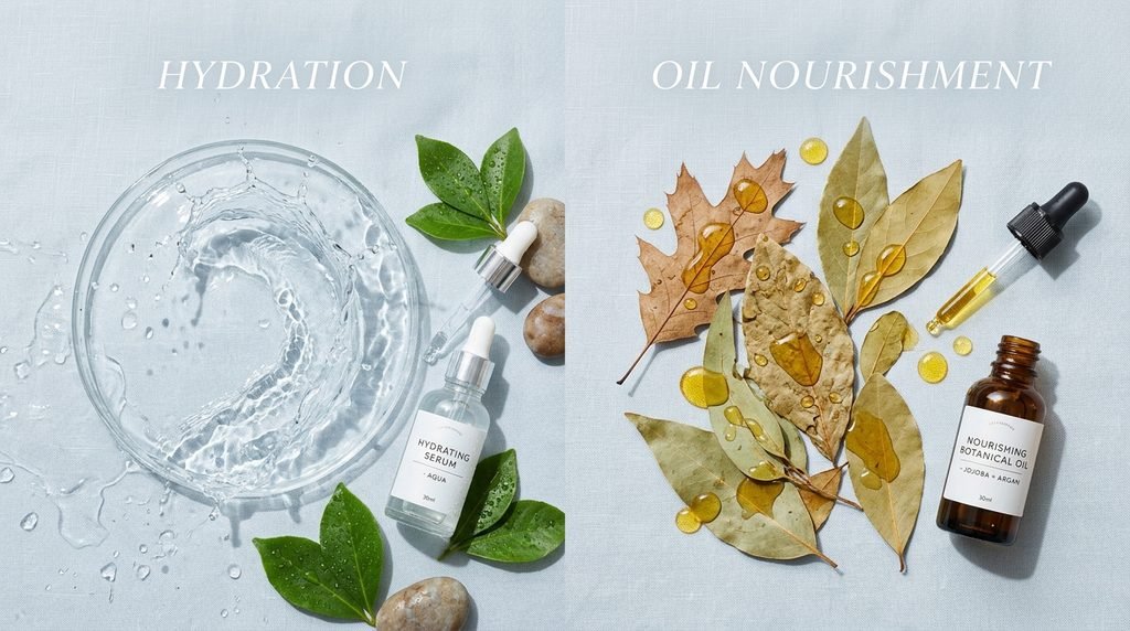Split layout showing water droplets on glass next to golden oil droplets on leaves.