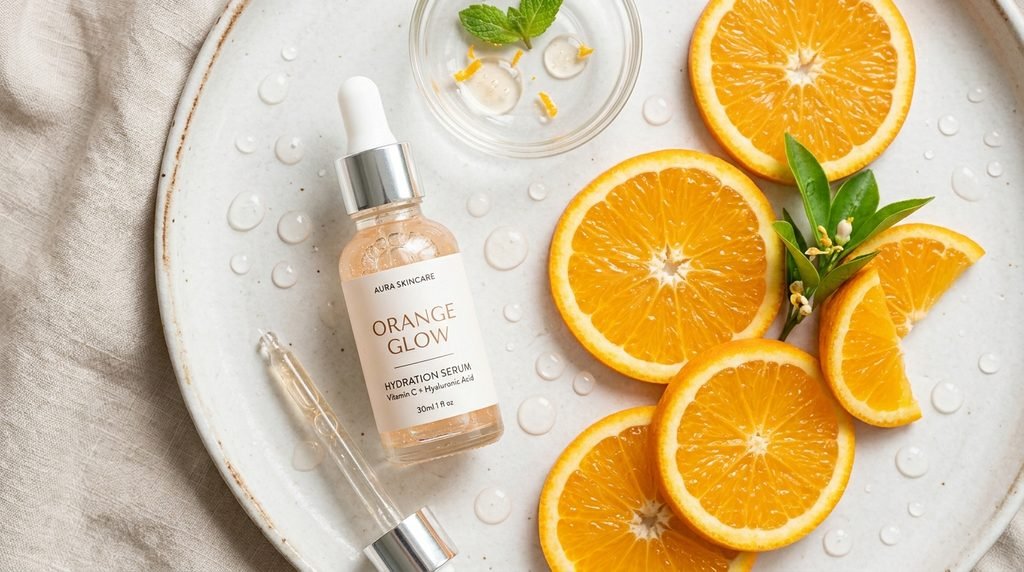 Clear serum bottle displayed next to fresh orange slices and water droplets.