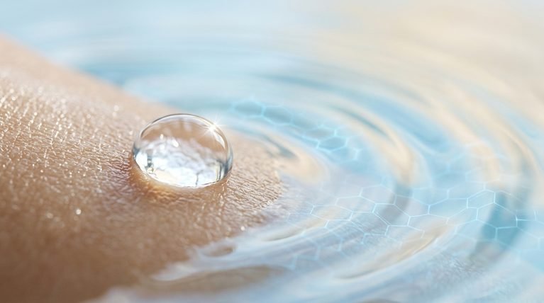 Macro view of a hydrating serum droplet creating a protective moisture shield on smooth skin surface.