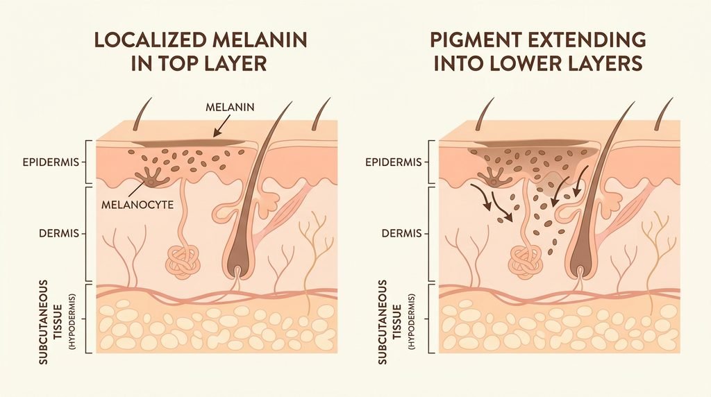 Diagram illustrating the depth of melanin pigment distribution within epidermal and dermal skin layers.