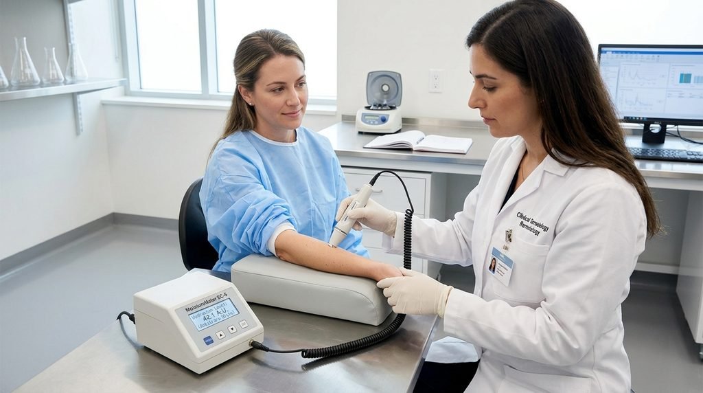 Dermatological hydration measurement instrument placed on skin during testing.