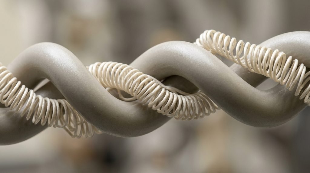 Abstract studio photography contrasting firm structural fibers with elastic flexible strands.