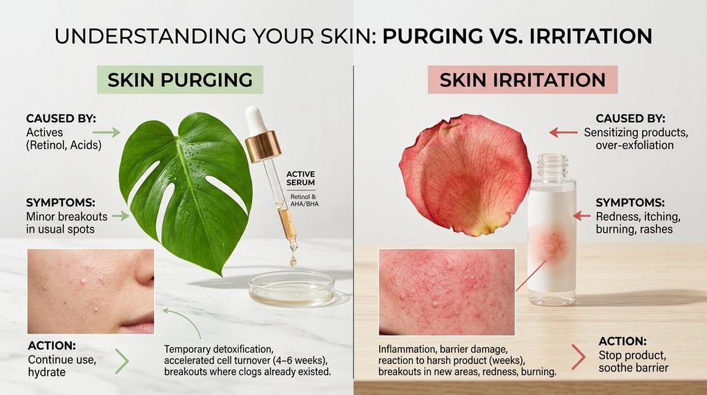 Conceptual visual representing skin purging versus allergic reaction