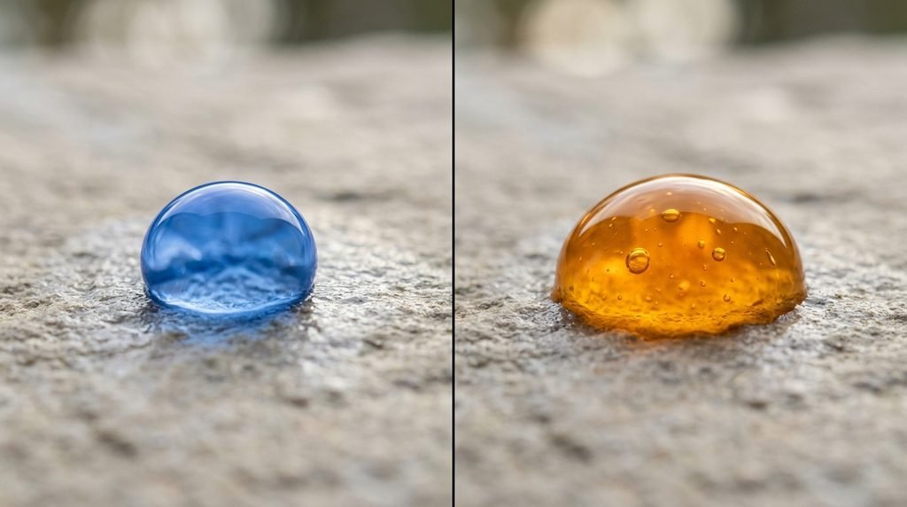 Side-by-side comparison of a clear liquid drop and an amber gel drop on stone.