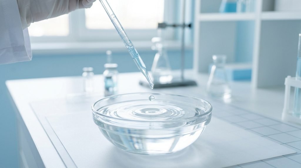 A single liquid drop from a glass pipette creating clear ripple patterns in water.