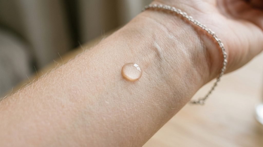 Macro view of a liquid droplet on clean skin for patch testing