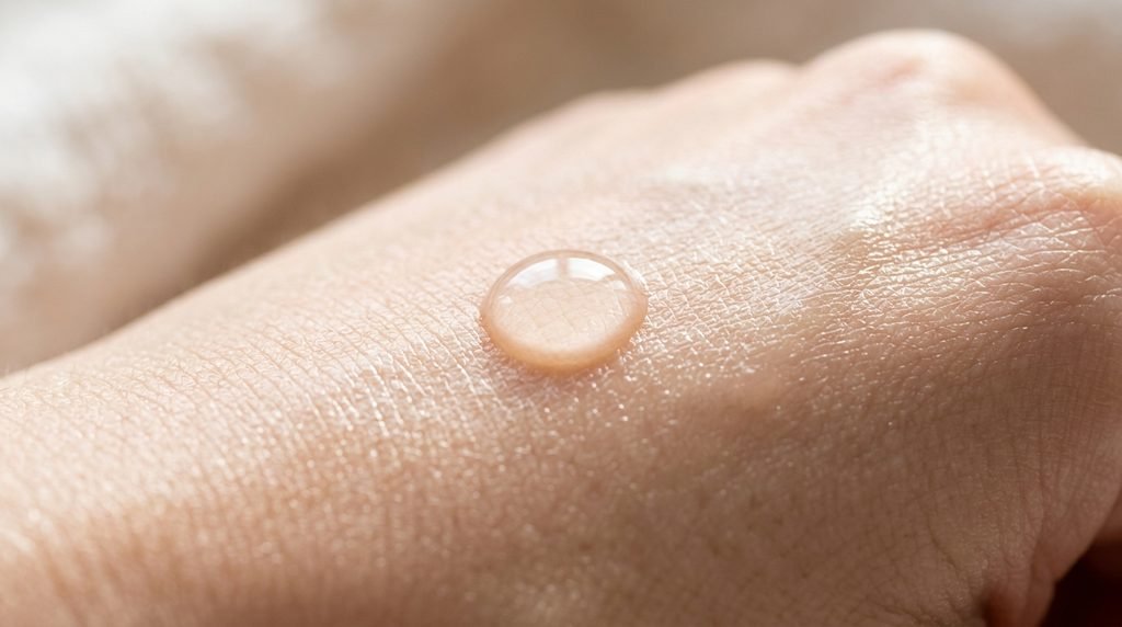 Close-up of a clear hydrating serum droplet on smooth skin texture.
