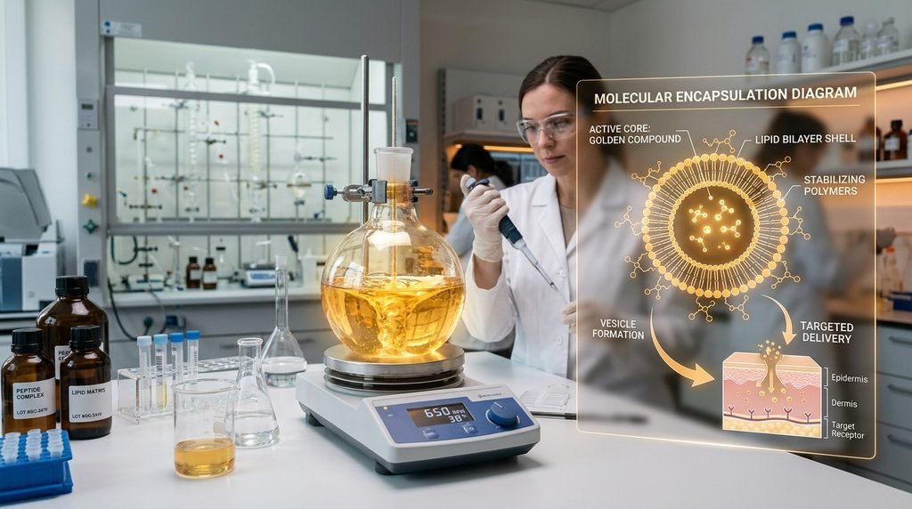 Cosmetic laboratory flask containing golden active liquid on a white counter