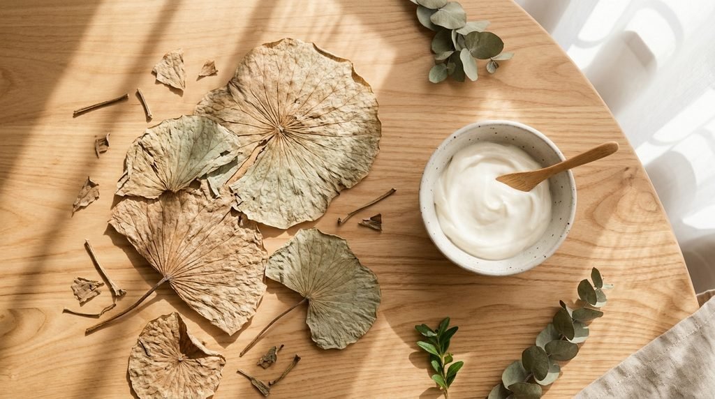 Dried leaf next to a small bowl of soothing cream on a light wood surface.