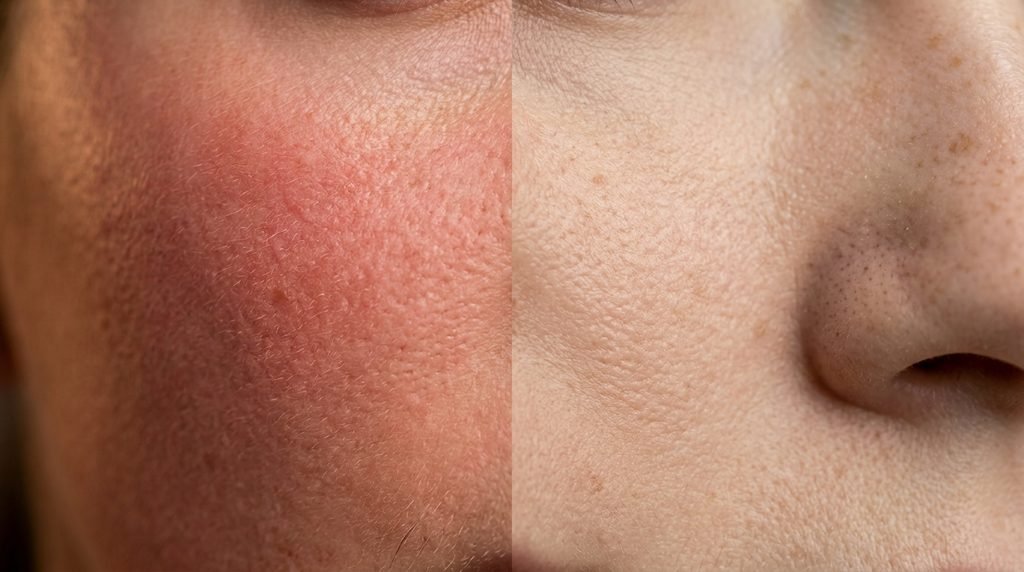 Visual representation of skin transitioning from diffuse redness to a calm, even skin tone
