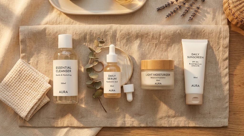 Complete daily skincare routine products laid out neatly on a linen cloth.